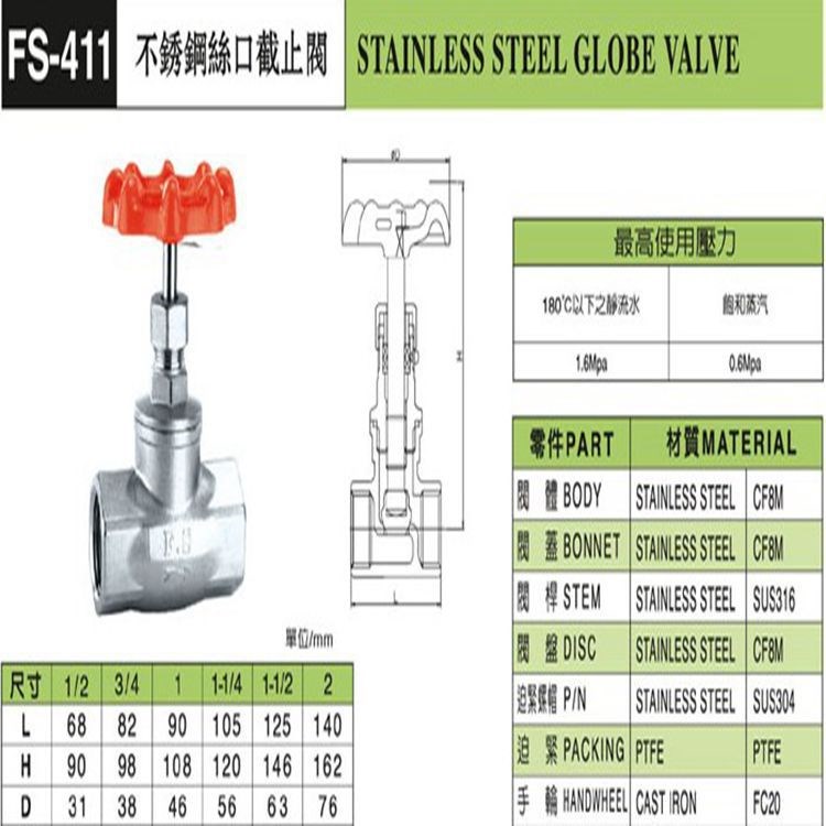 臺灣富山截止閥/FS-411/J11W-16P不銹鋼絲口截止閥 內螺紋截止閥