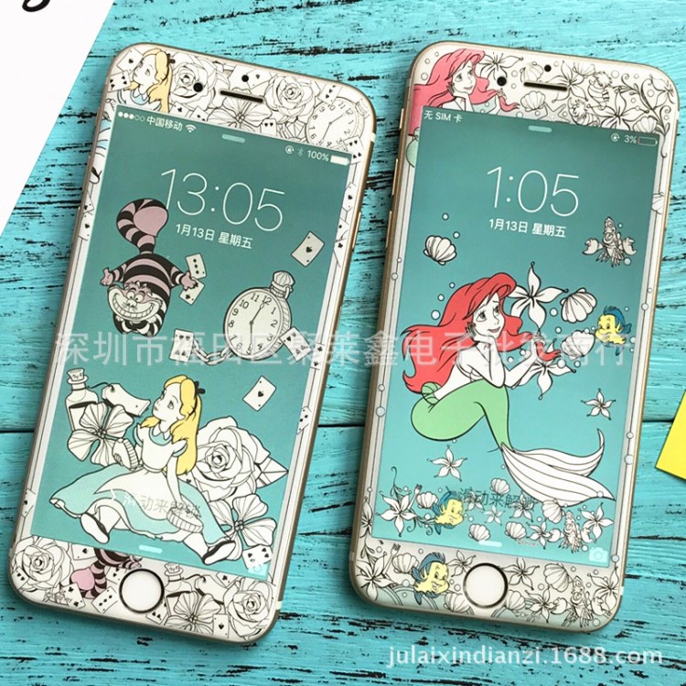 蘋果6鋼化膜iphone6s全屏覆蓋彩膜7plus軟邊卡通浮雕玻璃貼膜
