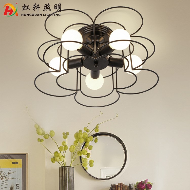 LED5頭美式吊燈 雙層花型環形鐵藝臥室書房餐廳燈個性時尚吸頂燈