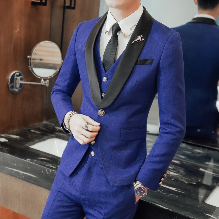 不斷貨2018春裝新款男裝韓版潮流宴會(huì)禮服西服三件套發(fā)型師套裝