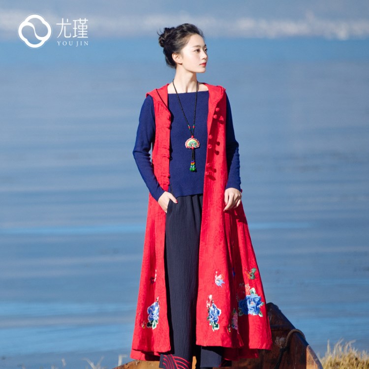 廠銷18春季新款原創(chuàng)中式馬夾民族風(fēng)女裝復(fù)古唐裝女長款馬甲外套