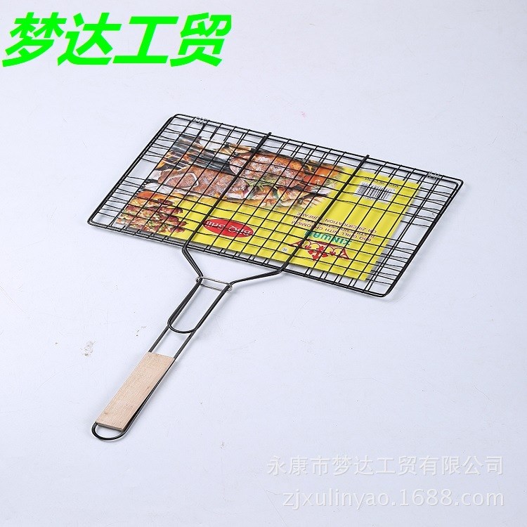 夢達BBQ燒烤網(wǎng)短木柄四漢堡烤魚夾燒烤配件工具廠家直銷烤魚網(wǎng)