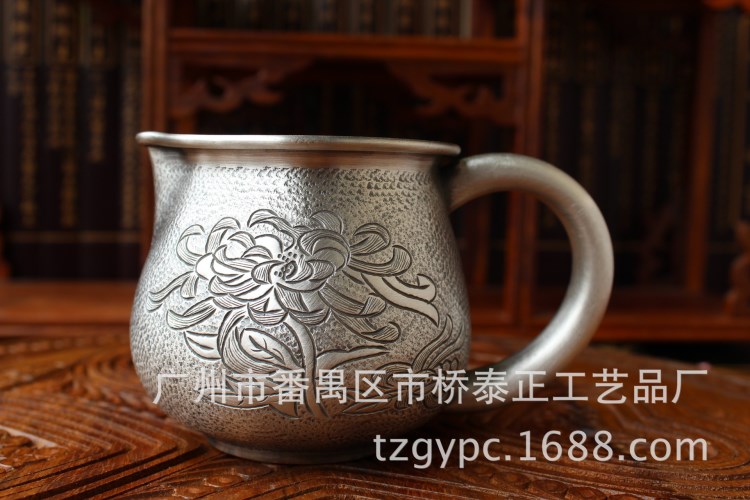 泰像銀 S990 泰銀敲擊沙紋菊花公道杯  品質保健送禮佳品