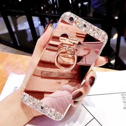 三星S6edge硅膠套鑲鉆note5/8鏡面女S7手機殼支架防摔S8 S9指環扣