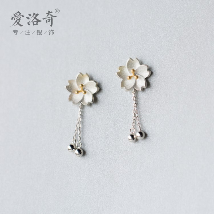 s925銀櫻花耳環(huán)女時尚甜美花朵流蘇銀鍍金花朵耳環(huán)長款耳墜E3062