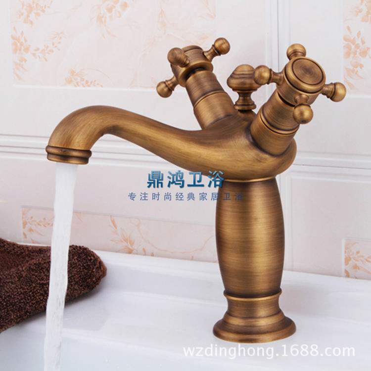 廠家直銷 仿古全銅水龍頭 梅花雙把面盆水龍頭 冷熱水龍頭