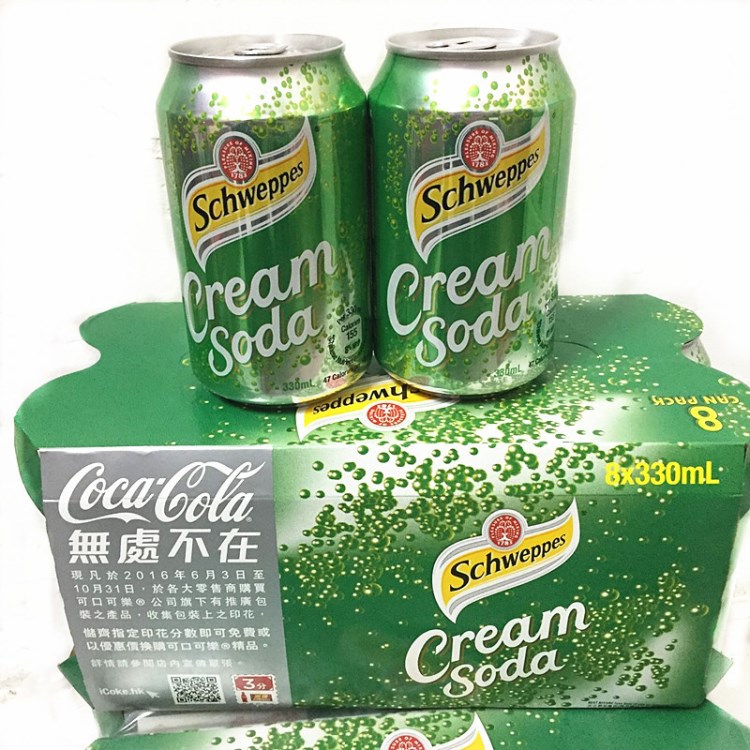 香港飲料Schweppes玉泉綠色忌廉CreamSoda汽水330g*24罐