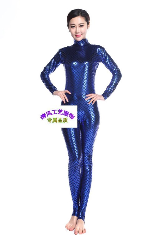 寶藍(lán)魚鱗連體演出服歐美夜店酒吧歌手DJ舞臺表演服高彈涂膠半包衣