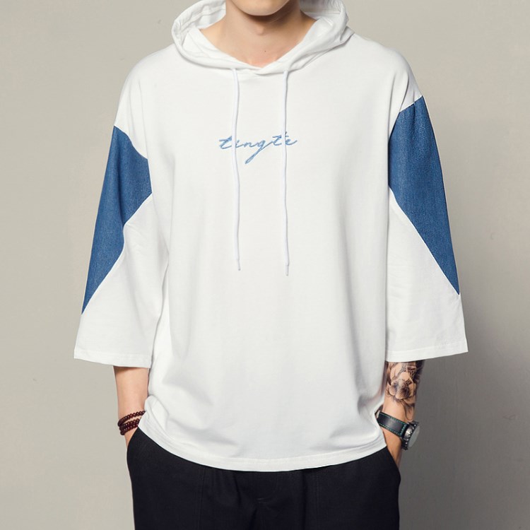 2018春夏新款男士日系复古圆领九分袖连帽t恤青少年休闲宽松t恤