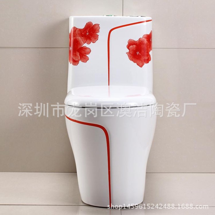 批發彩色抽水坐便器中國風紅色經典旗袍超漩連體節水座便器8162