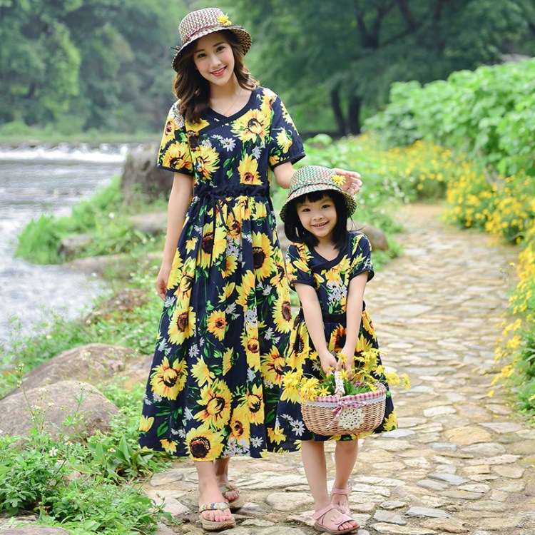 實拍照中國風2018親子裝夏季短袖母女裝腰帶女童夏裝連衣裙女寶裙