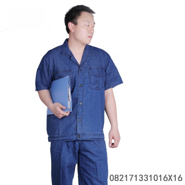 春季短袖牛仔工作服套裝男工廠工作服短袖襯衫勞保服車(chē)間工作服