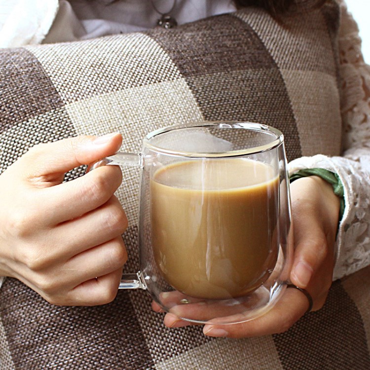 带盖玻璃咖啡杯双层隔热早餐牛奶杯可爱透明男女办公杯茶杯马克杯