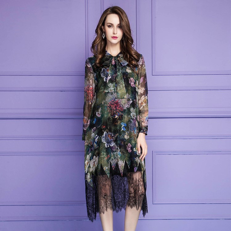 2018春夏新款印花民族風氣質優雅網紗蕾絲中長連衣裙8077