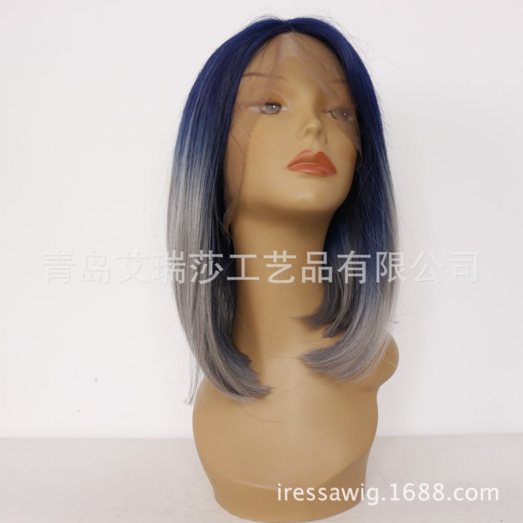 紫色煙灰色漸變中短發 流行款 化纖前蕾絲假發 手勾假發