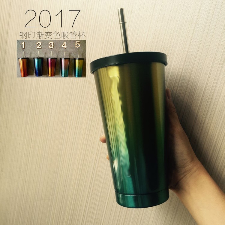 2017出口新款漸變色吸管杯學(xué)生不銹鋼情侶保溫杯咖啡杯飲料隨手杯