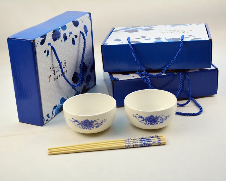 禮品家用青花四碗四筷結婚回禮婚慶送朋友開業(yè)禮品餐具批發(fā)