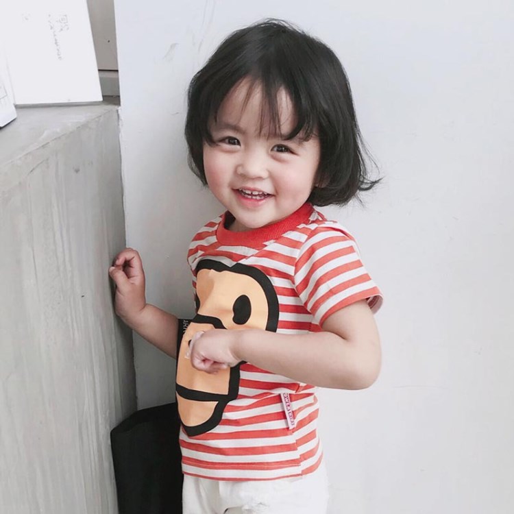 Power kids2018夏季新款兒童短袖t恤 條紋猴子印花圓領(lǐng)童t恤
