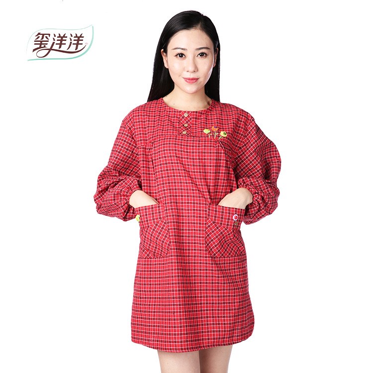 經(jīng)典格子棉罩衣 時尚成人長袖口袋廚房防油煙反穿圍裙女款