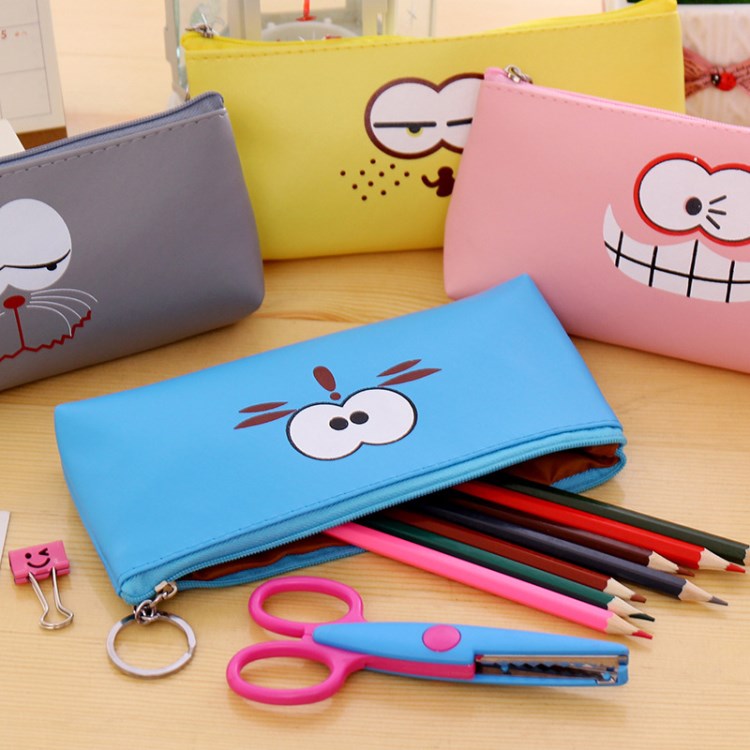 韩版简约pu皮铅笔袋 创意搞怪表情笔袋 可爱方形卡通文具袋