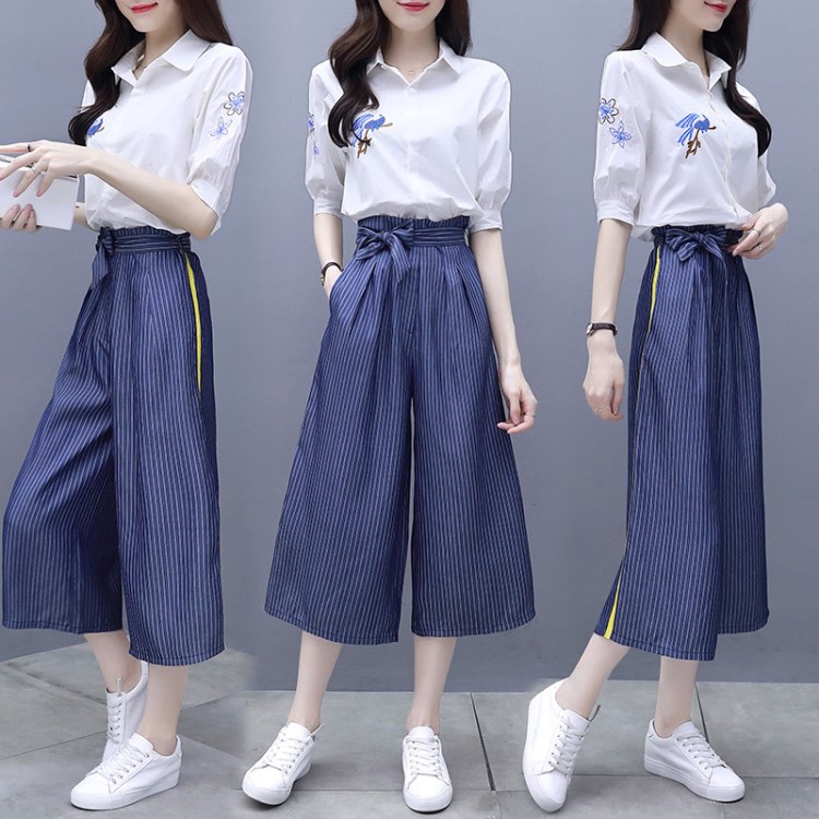 2018夏季新款韓版女裝兩件套刺繡襯衫高腰闊腿褲休閑顯瘦時尚套裝