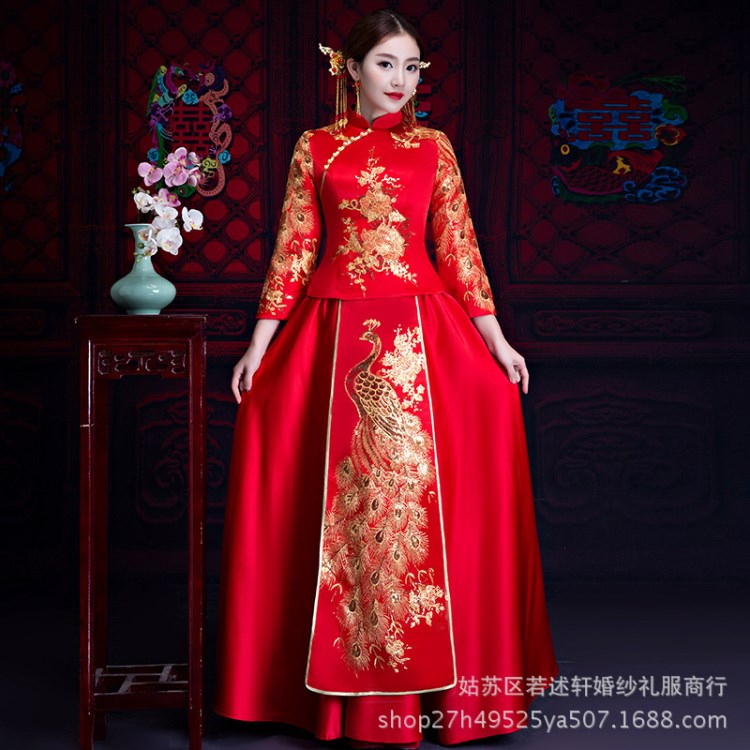 新娘敬酒服中式禮服女秀禾服嫁衣紅色改良結(jié)婚旗袍長(zhǎng)款2018新款春