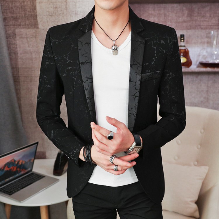 春季男士休閑印花西服韓版修身款青年小西裝時尚單件外套潮流上衣