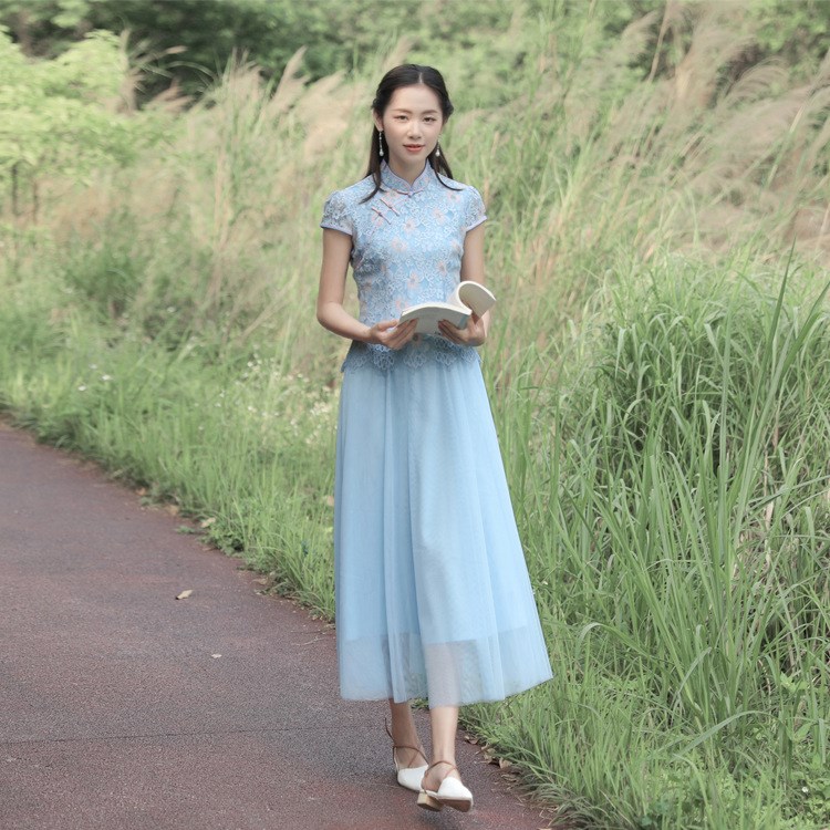 紫虞 奧黛長(zhǎng)旗袍裙女旗袍改良網(wǎng)紗蕾絲無(wú)袖長(zhǎng)旗袍【一件代發(fā)】