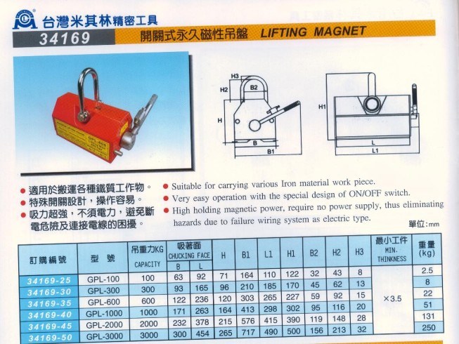 代理米其林磁性吊盤吸盤 開關(guān)式永磁性吊盤磁力吊 1噸 3噸