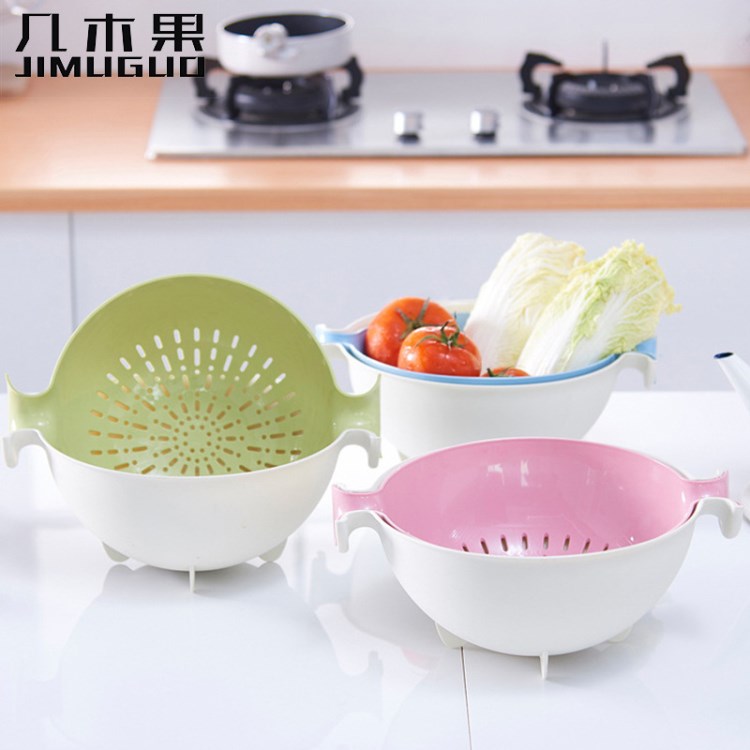 2305新款糖果色雙層瀝水籃 創意圓形塑料水果蔬菜鏤空置物籃