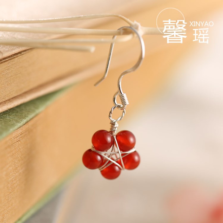 原創(chuàng)設(shè)計(jì)師手工款 S925銀耳環(huán) 紅瑪瑙耳釘 女 文藝范925銀耳釘