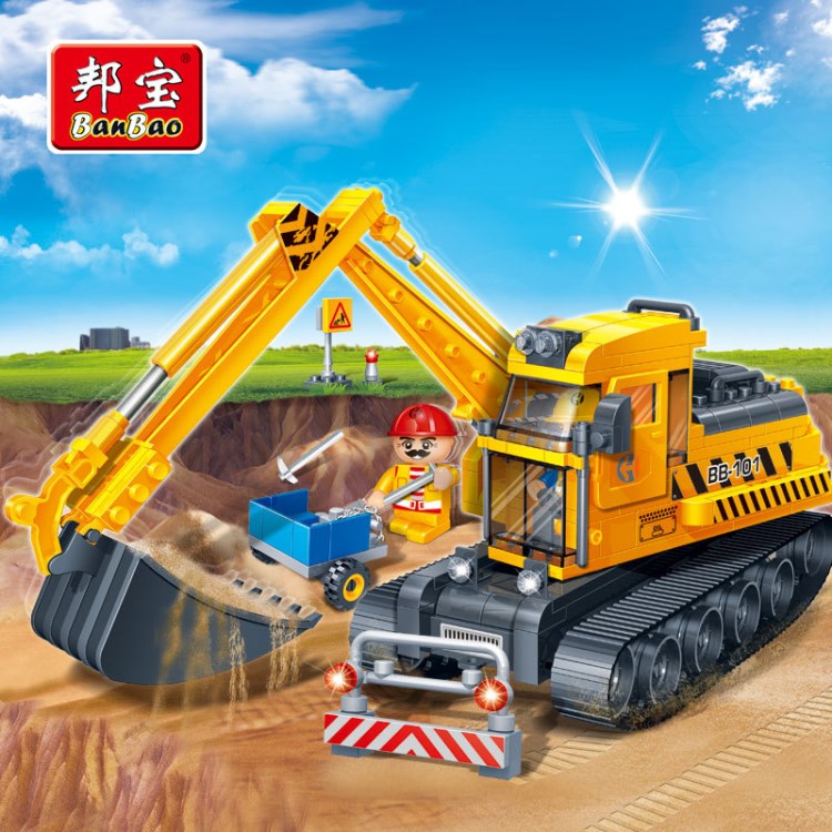 【小顆?！堪顚毱床宸e木益智教育玩具工程車情景模擬  挖掘機8536