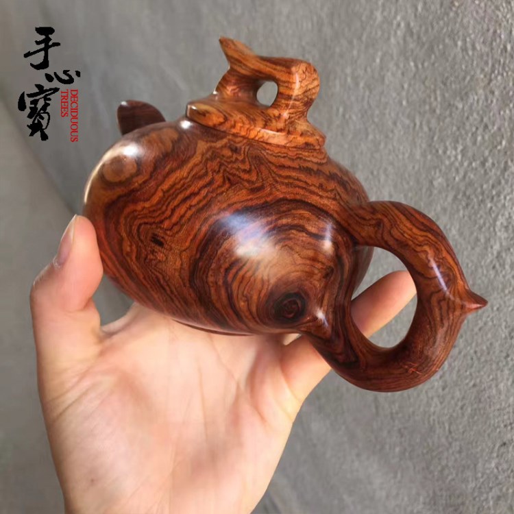 海南黃花梨手把壺 虎皮紋瘤疤山水紋 茶壺家用木質(zhì)工藝品擺件