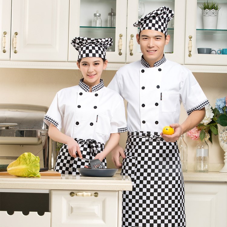 厂家直销学校食堂员工夏季工装制服 中西餐厅厨师服格子短袖绣字