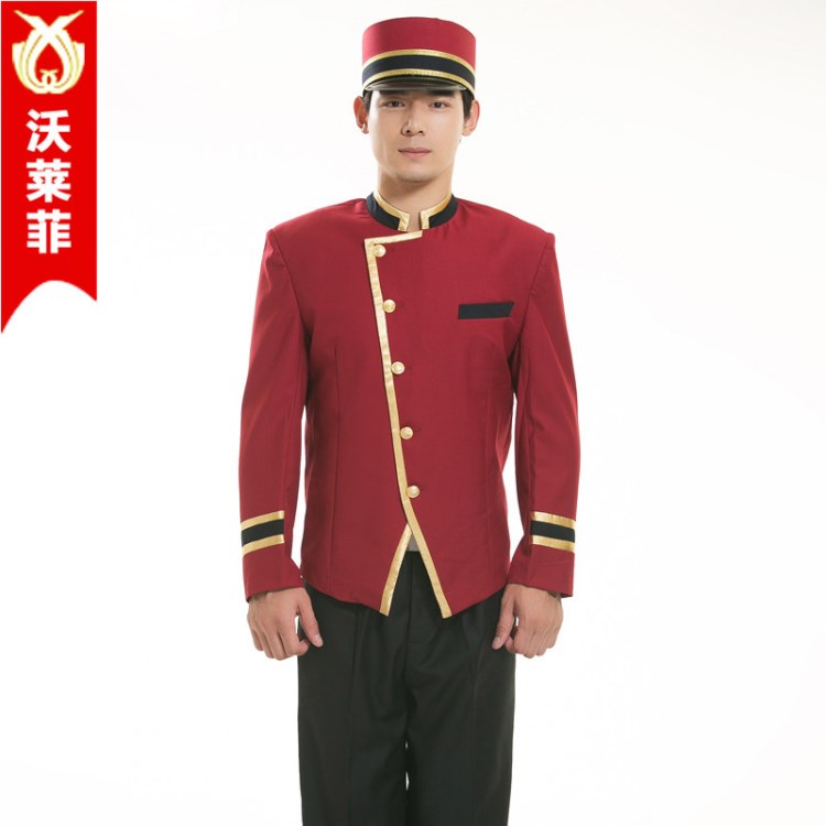 廠家生產(chǎn)直銷 迎賓門童制服套裝 紅色酒店行李員工作服 批發(fā)