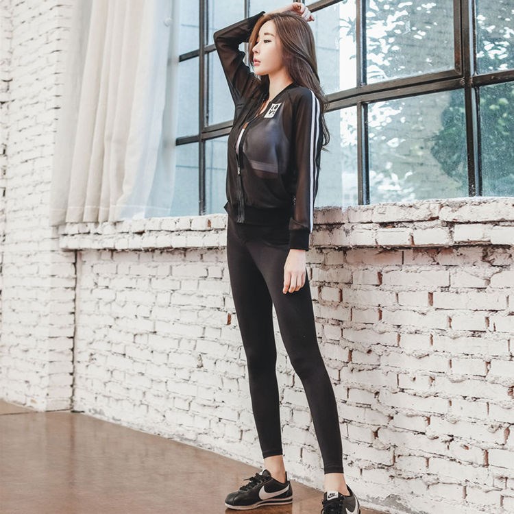 網紗運動休閑服2018新品女裝透視上衣白色背心修身長褲三件套1551