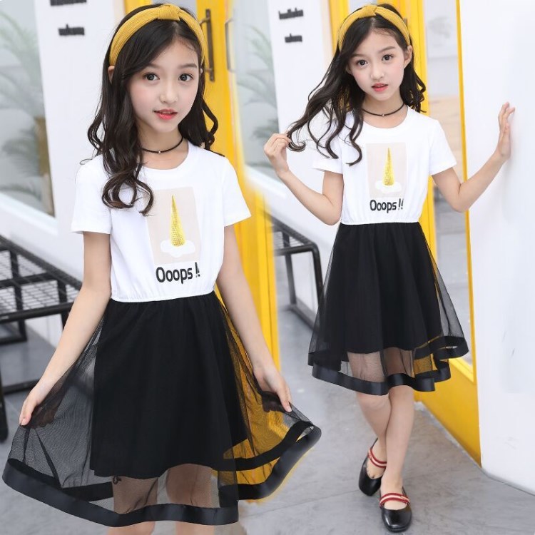 淘貨源 夏季女童短袖連衣裙中大童小女孩網紗拼接裙子一件代發