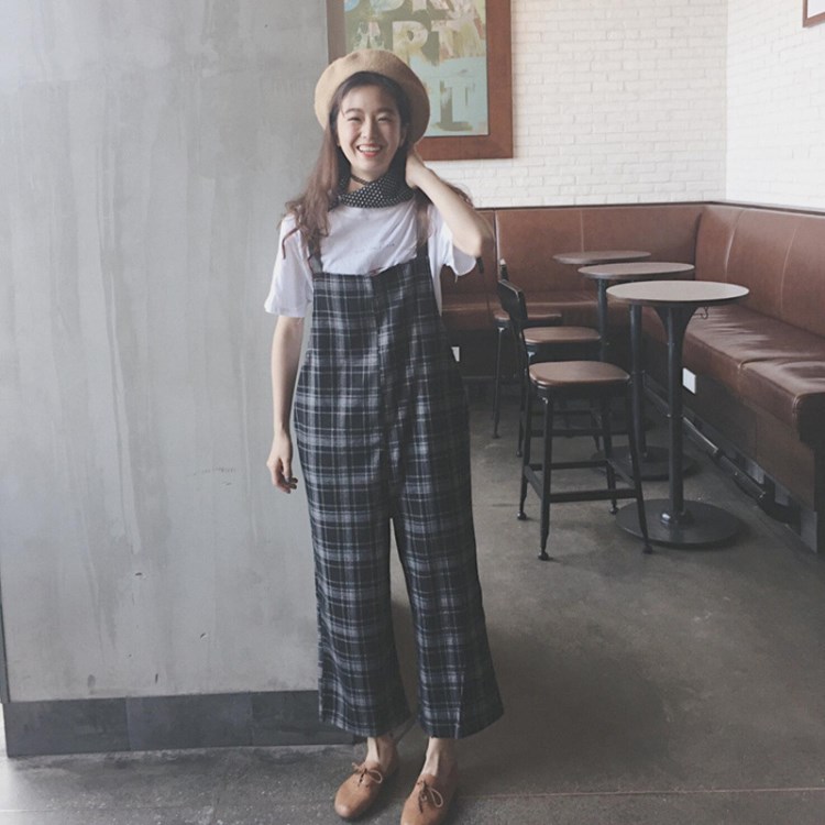 2017新款韓國俏皮慵懶復古格子寬松背帶褲休閑褲闊腿褲女裝B239