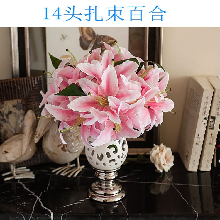 14頭扎束百合花 絹花 假花 工廠直銷 批發(fā) 高品質(zhì) 擺放花藝