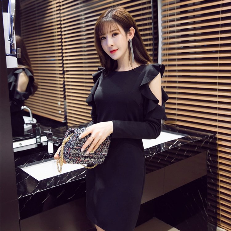 包郵 2018春裝新款圓領(lǐng)性感露肩荷葉邊長袖包臀連衣裙2378GT630