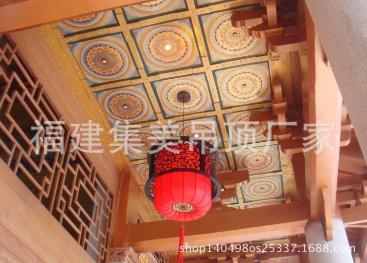 寺廟宗祠吊頂?shù)貙m佛堂天花板中式仿古裝修裝飾大雄寶殿古建筑彩繪