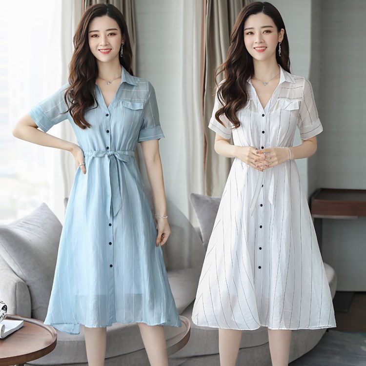 華哥弟情2018夏季連衣裙條紋翻領真絲連衣裙歐洲站中長款裙子批發