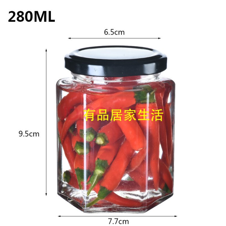 廠家直銷六棱玻璃瓶一斤蜂蜜瓶密封儲物醬菜瓶罐頭果醬燕窩瓶380