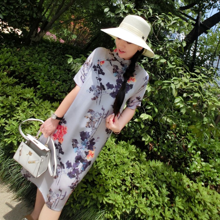 alongwithtx 17春夏新款女裝 落紫花 中式風(fēng)寬松版印花真絲連衣裙