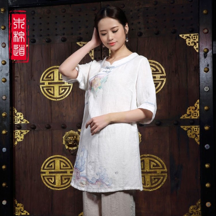 【新品】春夏圓領(lǐng)盤扣短袖上衣民族風(fēng)女士中國風(fēng)茶服18509