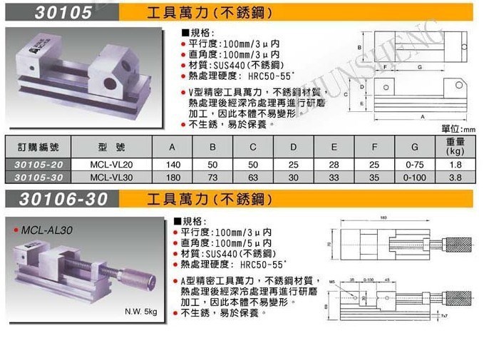 MATCHLING米其林廠家代理萬力工具 不銹鋼工具萬力30106 MCL-AL30