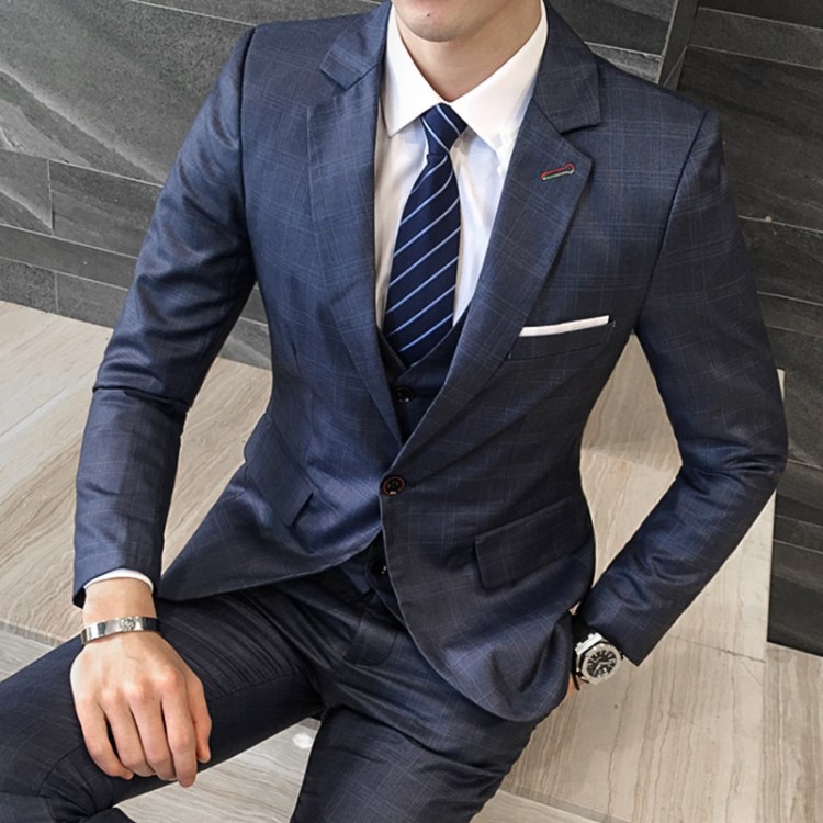 春季大碼西裝套裝三件套男西服修身商務(wù)休閑藏藍(lán)格紋禮服