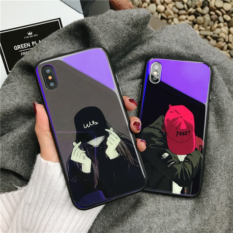 日韓蘋(píng)果X手機(jī)殼男孩女孩iphone6S/7/8plus全包保護(hù)殼藍(lán)光玻璃潮