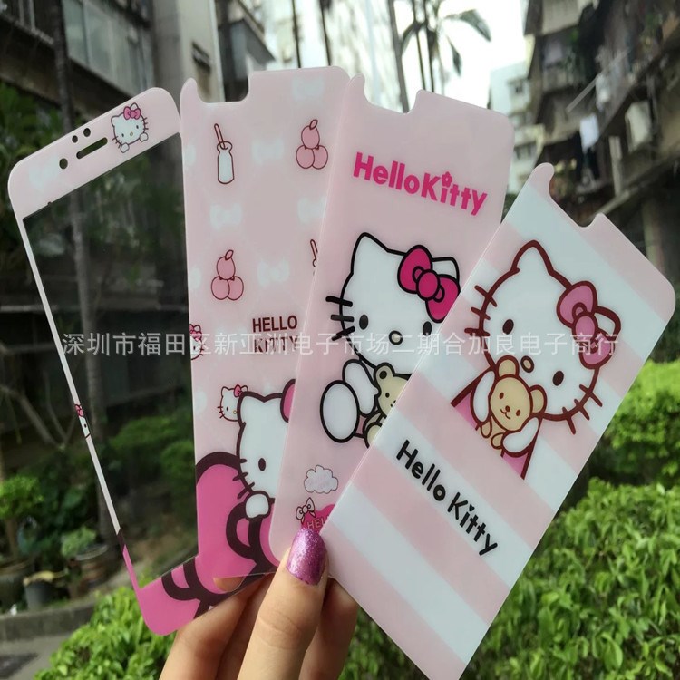 蘋果iPhone6Splus凱蒂貓鋼化玻璃膜Kitty貓卡通彩膜5s全屏全覆蓋