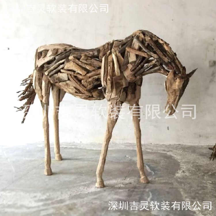 深圳木雕廠家定制木雕馬仿真木馬擺件抽象藝術(shù)馬雕塑園林木馬擺件